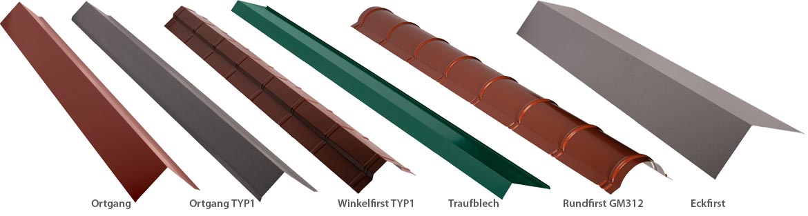 Abkantungen Ortgang, Ortgang TYP1, Winkelfirst TYP1, Trauflbech, Rundfirst GM312 und Eckfirst