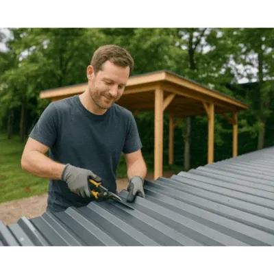 Heimwerker schneidet Trapezblech