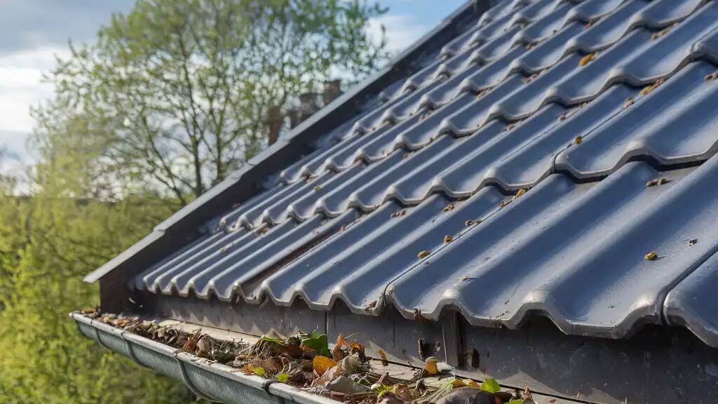 Ein Dach mit einer Regenrinne, die mit Blättern und Schmutz gefüllt ist.