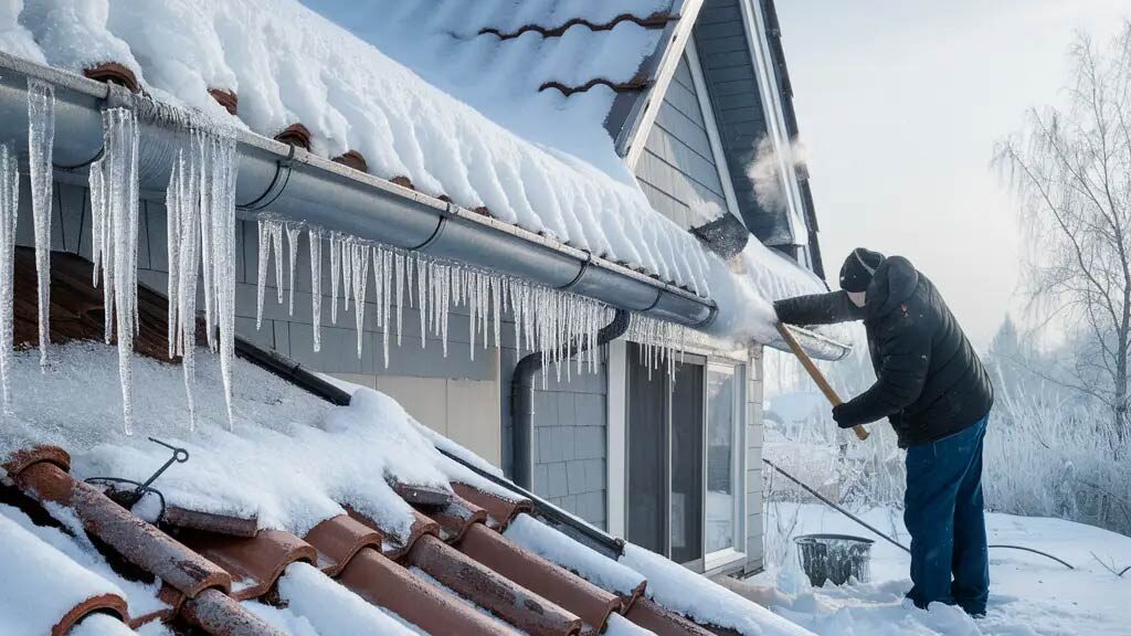 Person schaufelt Schnee vom Dach, Eiszapfen hängen von der Dachrinne