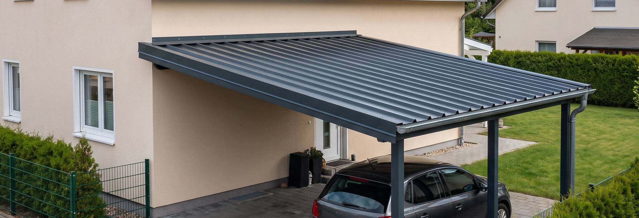Carport am Einfamilienhaus mit Pultdach aus Trapezblech in Anthrazit RAL 7016 als Wetterschutz für das Auto