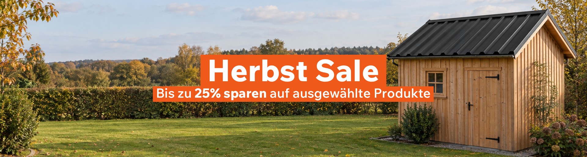 Gartenschuppen aus Holz mit Trapezblech TP35 in Schwarz in einem herbstlichen Garten, dachbleche24 Herbst Sale
