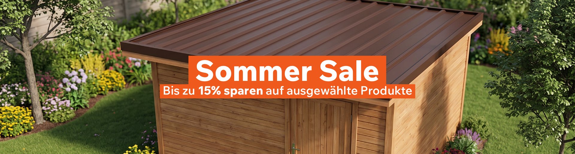 Gartenhaus mit Trapezblech TP35 in Schokobraun, dachbleche24 Sommer Sale