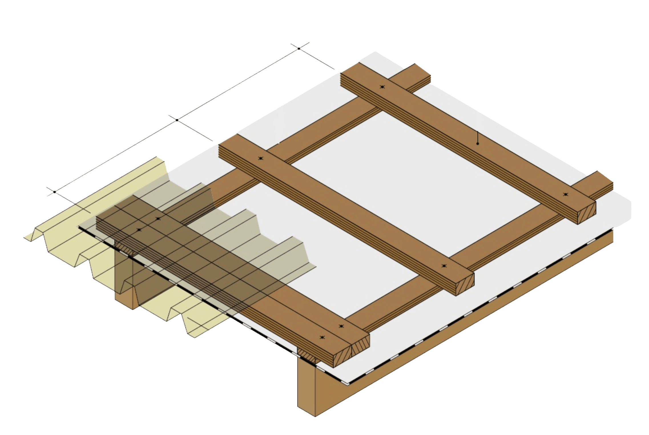 Diagramm zur Erklärung des Dachlattenabstandes: Dachlatten verlaufen Parallel zur Traufe und der Abstand zwischen diesen Latten ist mit Pfeilen markiert.