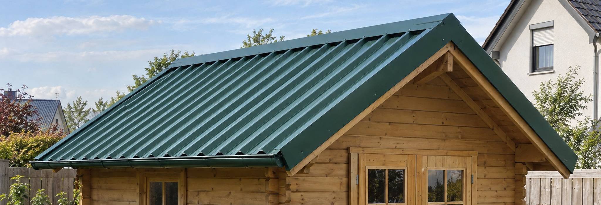 Gartenhaus aus Holz mit Satteldach aus Trapezblech in Moosgrün RAL 6005, Dachblech mit Regenrinne im Garten