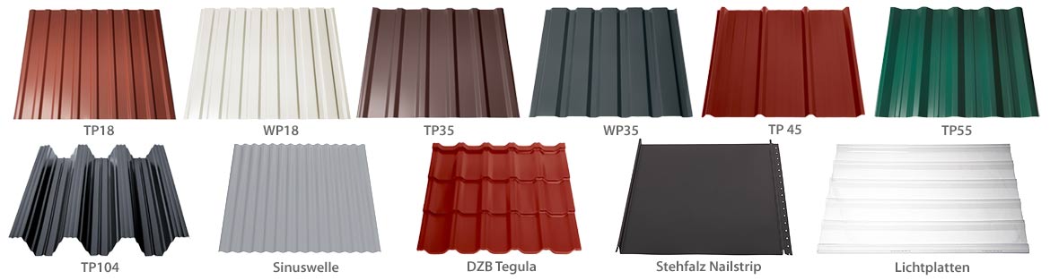 Blechprofile TP18, WP18, TP35, WP35, TP45, TP55, TP104, Sinuswelle, Dachziegelblech Tegula, Stehfalz Nailstrip und Lichtplatten