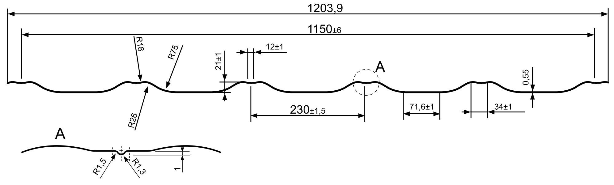 Dachziegelbleche Tegula Querschnittzeichnung
