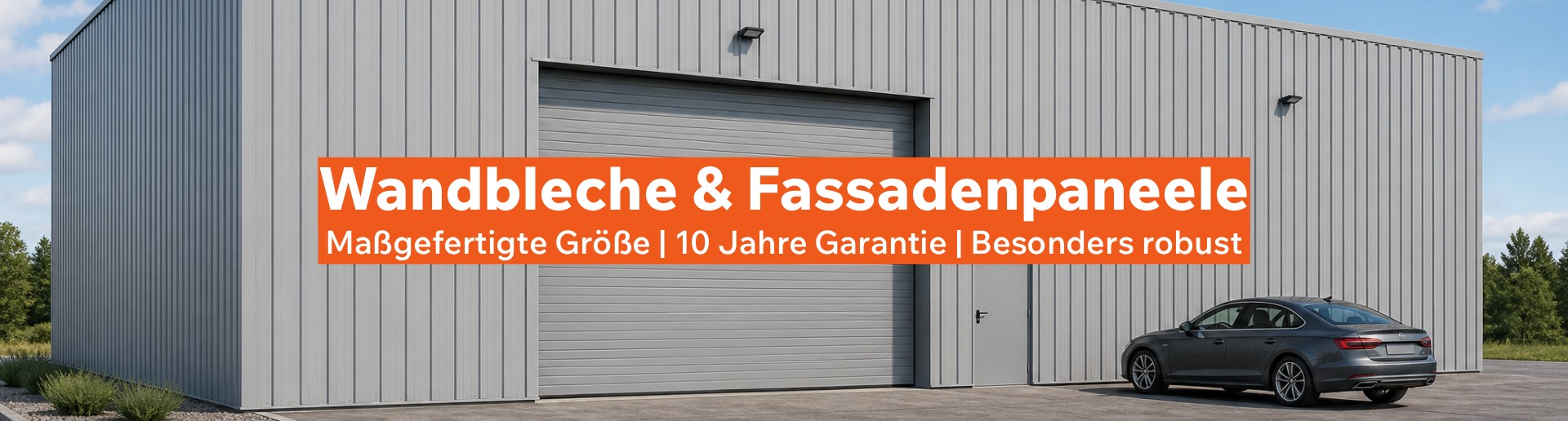 Industriehalle mit hellgrauer Wandverkleidung aus Trapezblech
