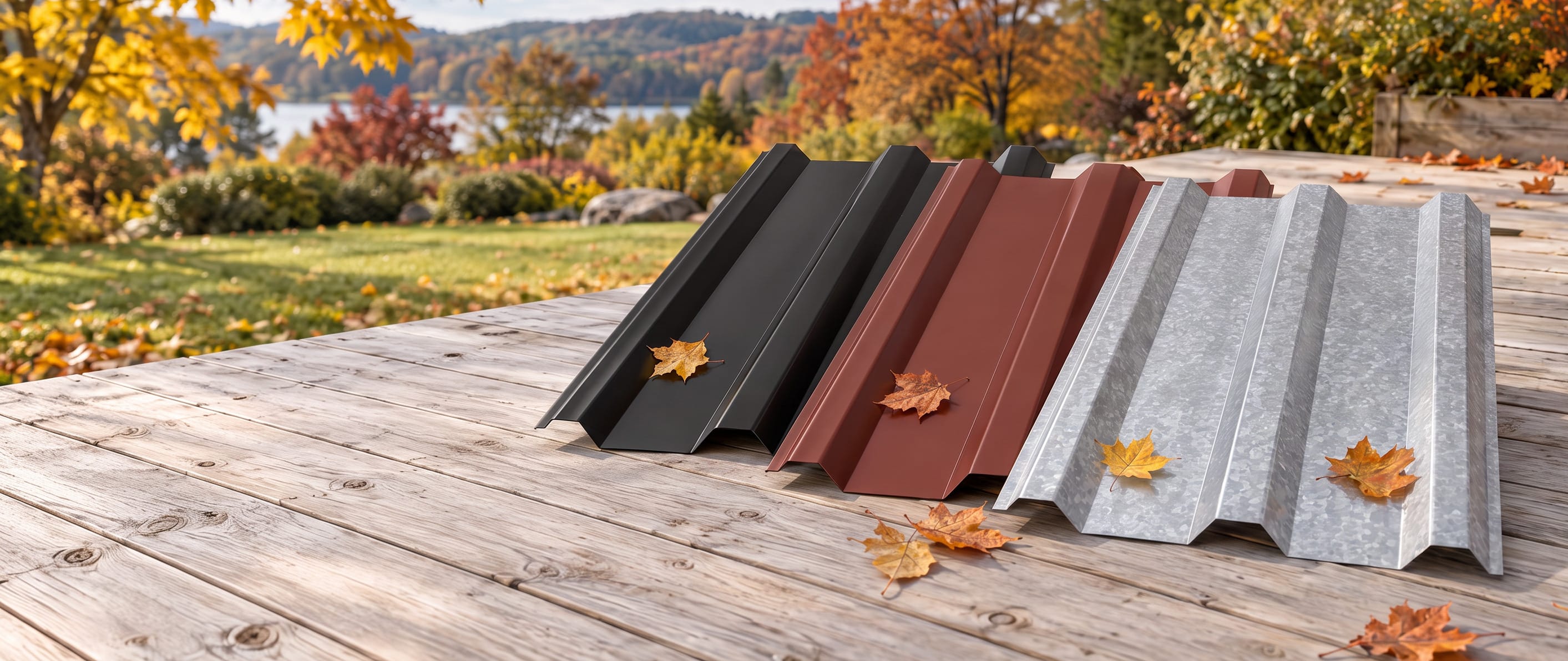Trapezblech TP35 in Schwarz, Rotbraun und Aluzink auf Holzterrasse mit Herbstlaub, dachbleche24 Herbst Sale