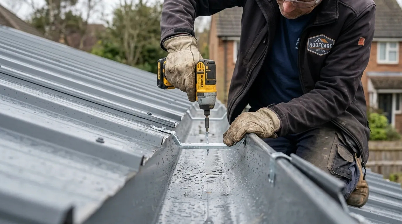 Person montiert Dachrinne auf Dach mit Trapezblechen
