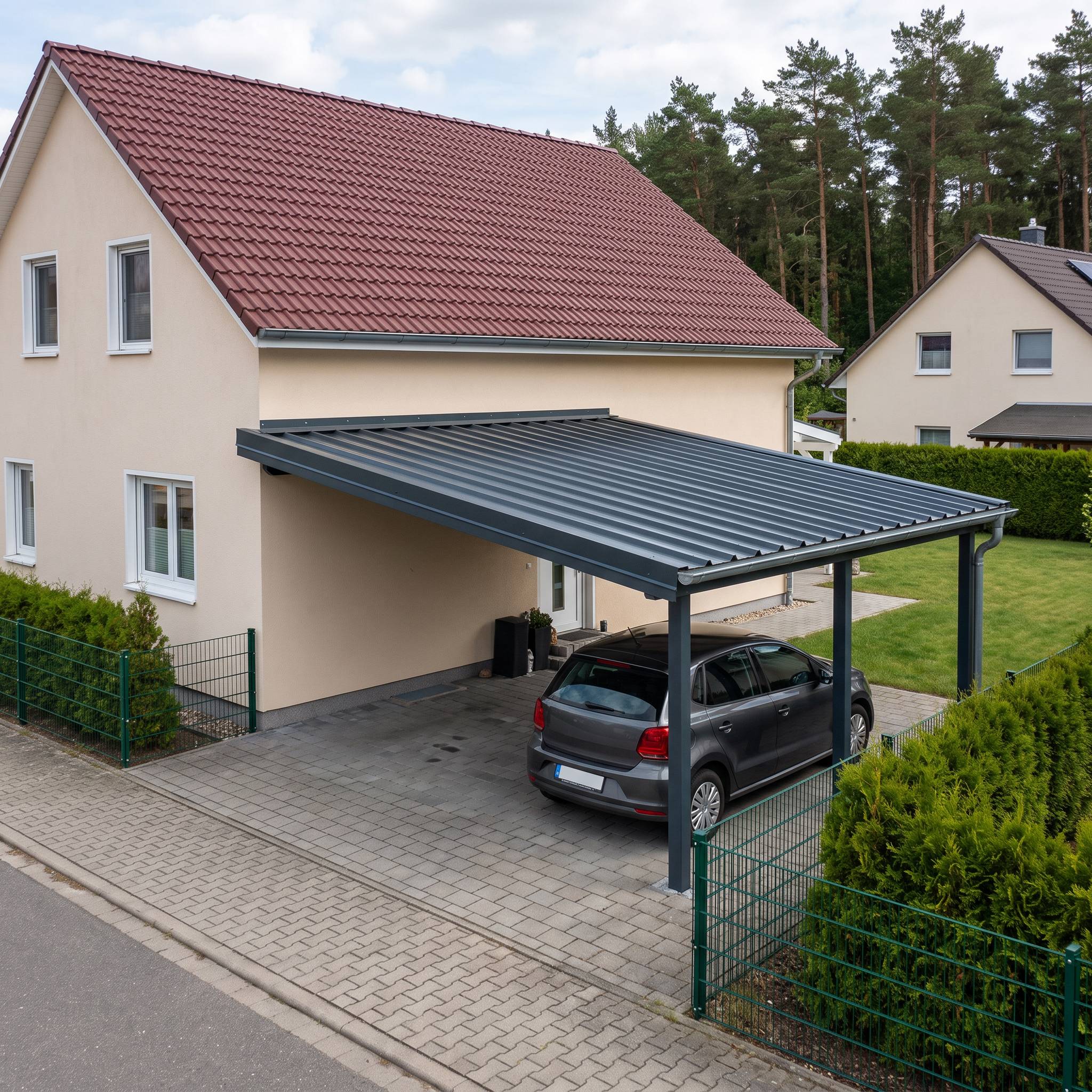 Carport am Einfamilienhaus mit Pultdach aus Trapezblech in Anthrazit RAL 7016 als Wetterschutz für das Auto