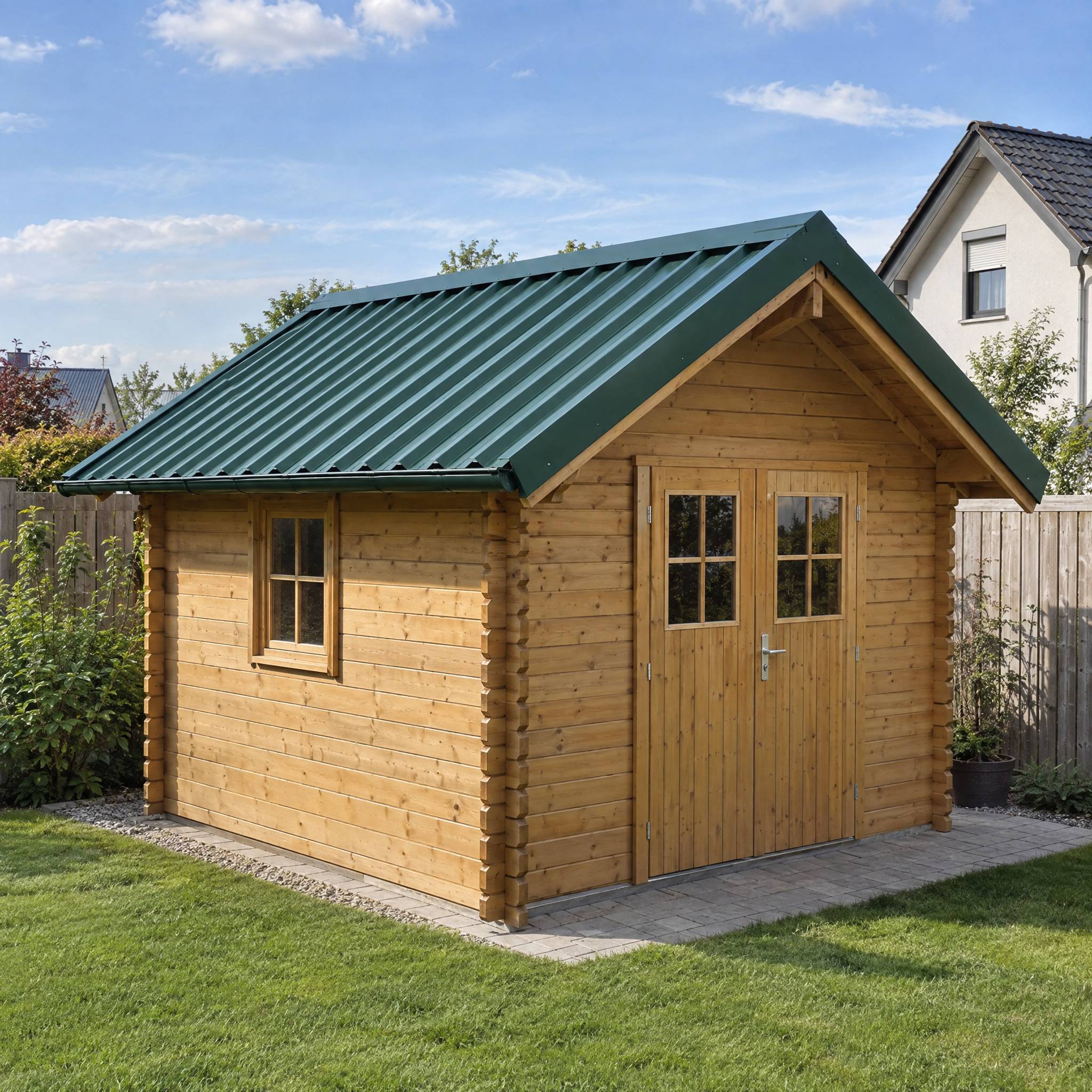 Gartenhaus aus Holz mit Satteldach aus Trapezblech in Moosgrün RAL 6005, Dachblech mit Regenrinne im Garten