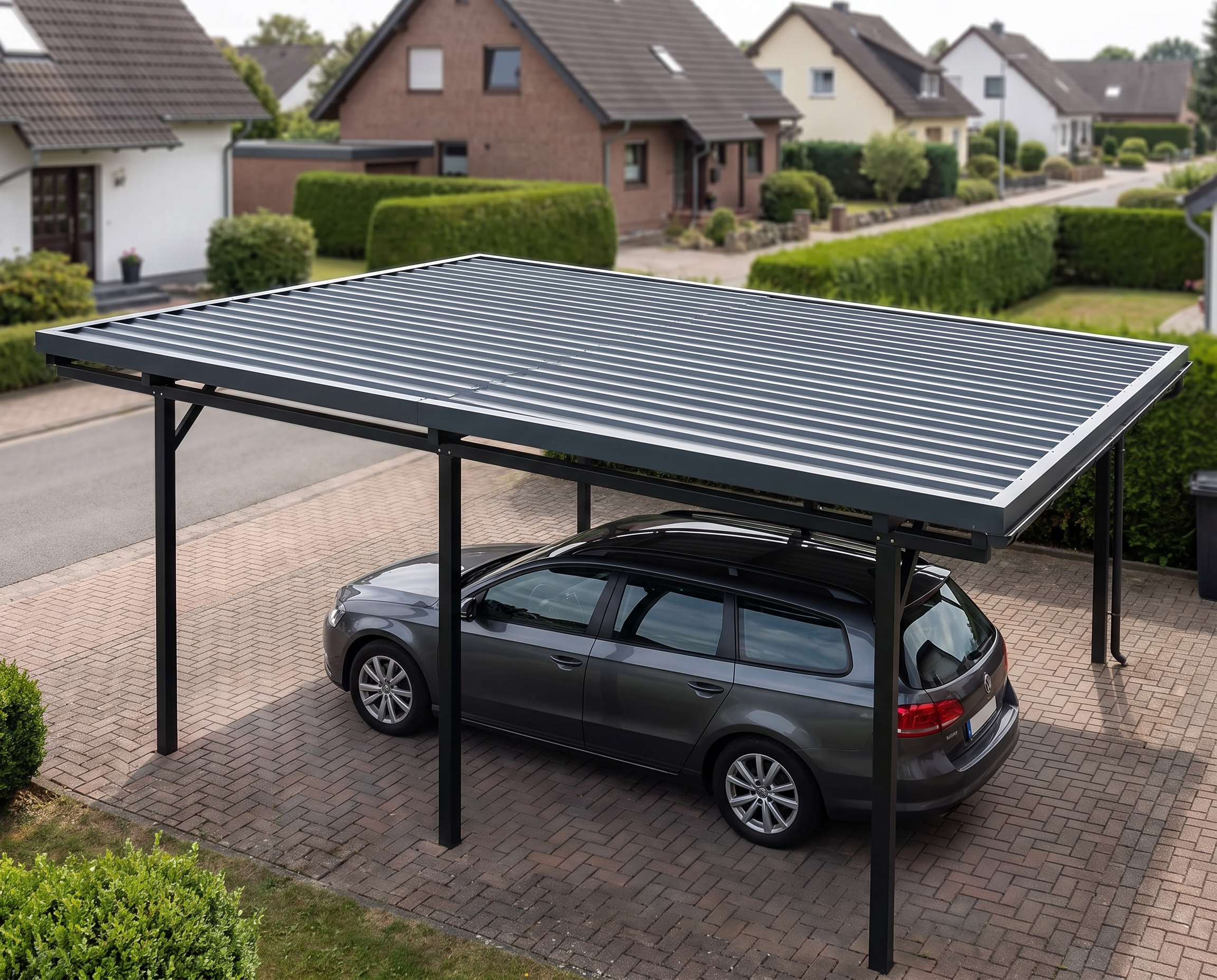 Freistehender Carport mit anthrazitfarbenem Trapezblechdach