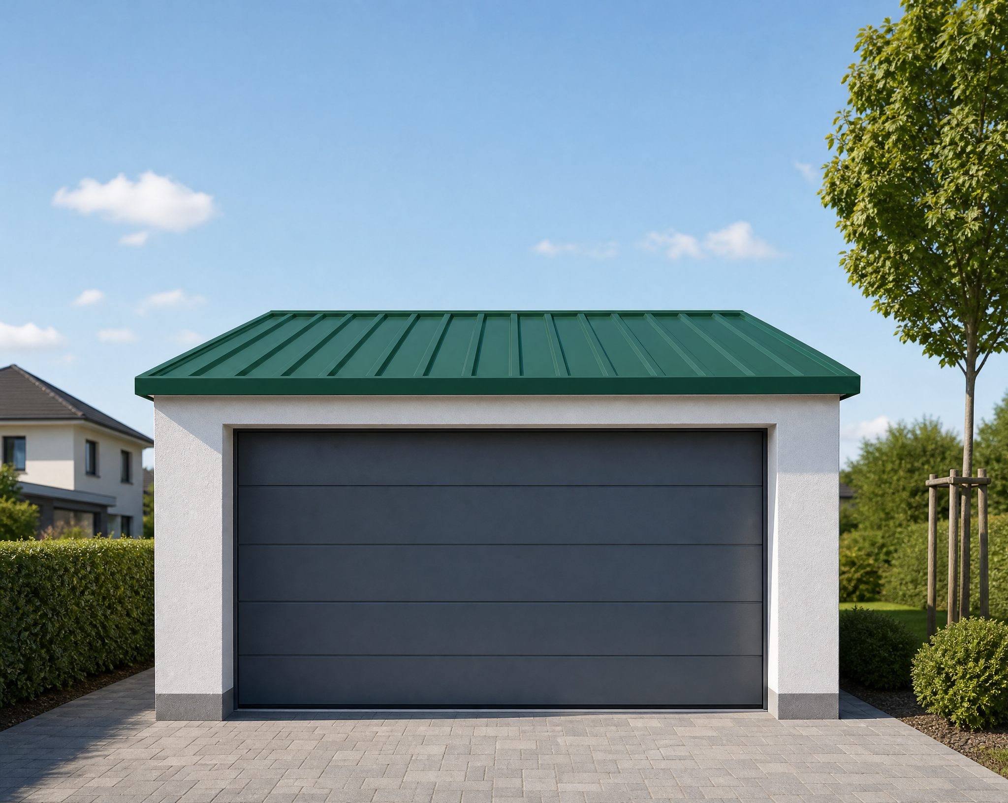Garage mit Trapezblechdach in Moosgrün