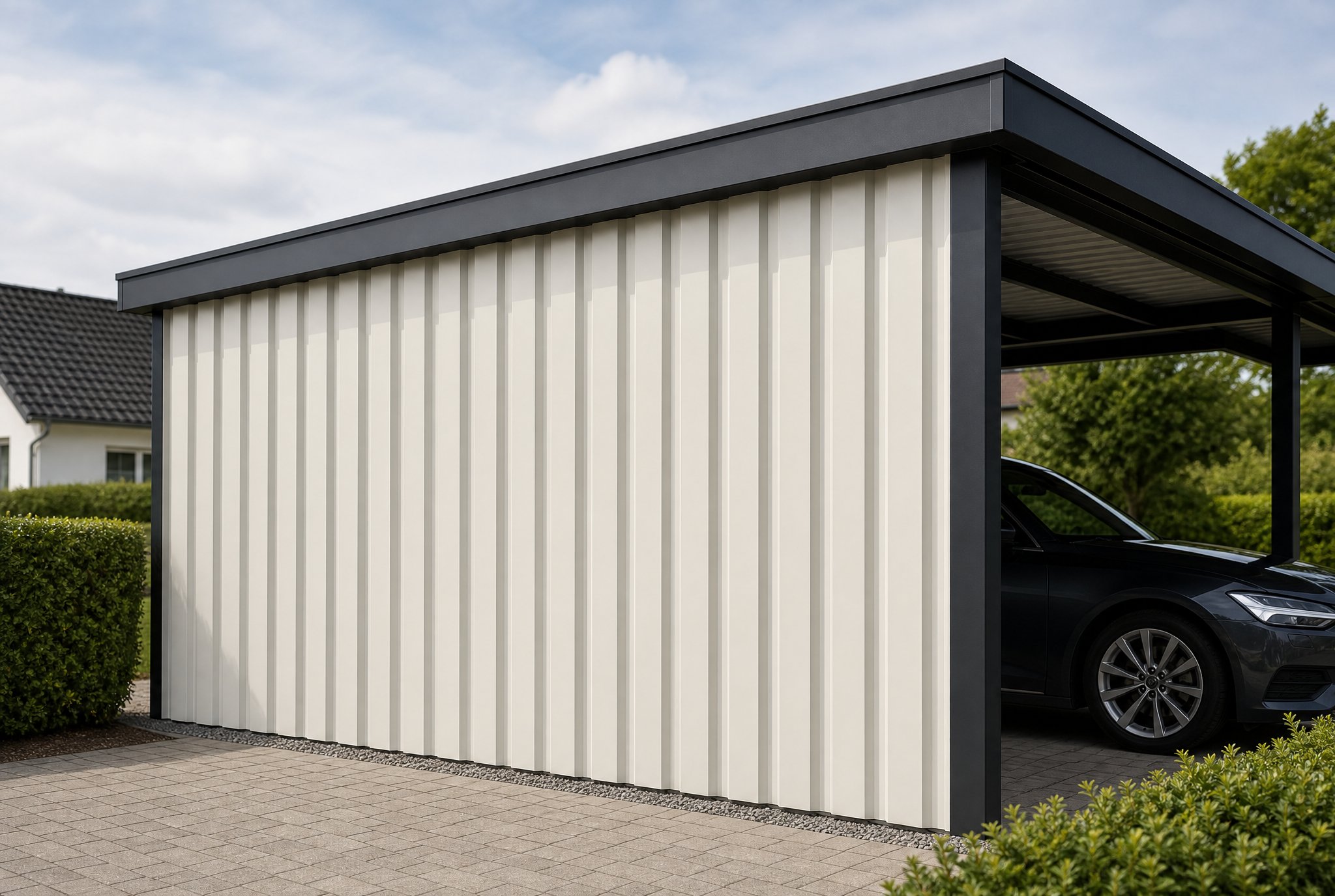 Carport-Seitenwand mit Wandverkleidung aus Trapezblech in Grauweiß